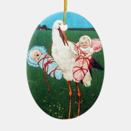 STORK TWIN BABY SHOWER Pink Teal Blue Ceramic Ornament