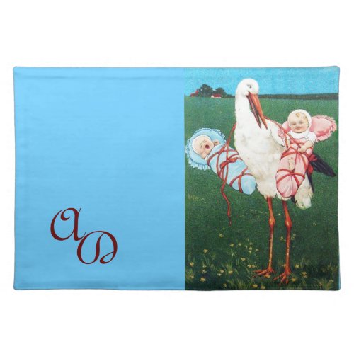 STORK TWIN BABY SHOWER Pink Teal Blue Cloth Placemat