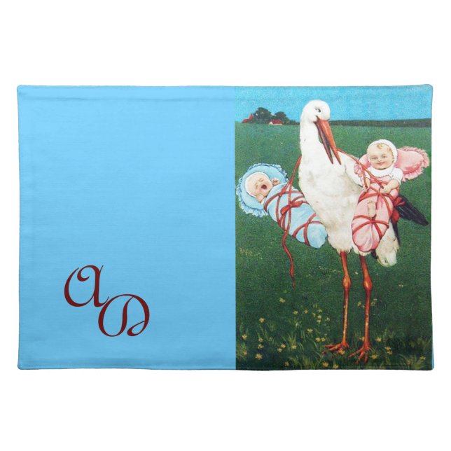 STORK TWIN BABY SHOWER, Pink ,Teal Blue Cloth Placemat (Front)