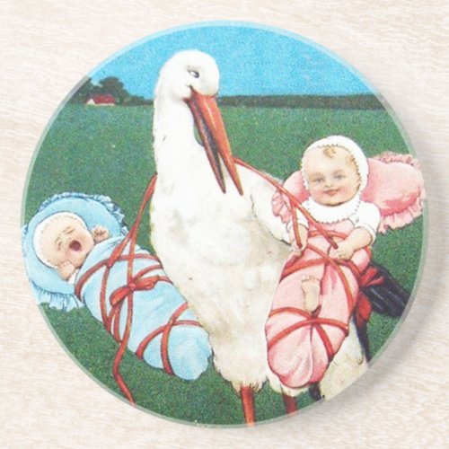 STORK TWIN BABY SHOWER Pink Teal Blue Coaster