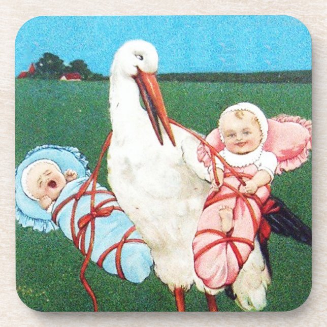 STORK TWIN BABY SHOWER, Pink ,Teal Blue Drink Coaster (Front)