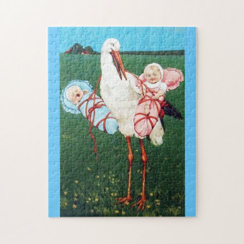 STORK TWIN BABY SHOWER Pink Teal Blue Jigsaw Puzzle