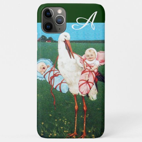 STORK TWIN BABY SHOWER Pink Teal Blue Monogram iPhone 11 Pro Max Case