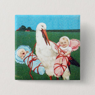 STORK TWIN BABY SHOWER, Pink ,Teal Blue Pinback Button