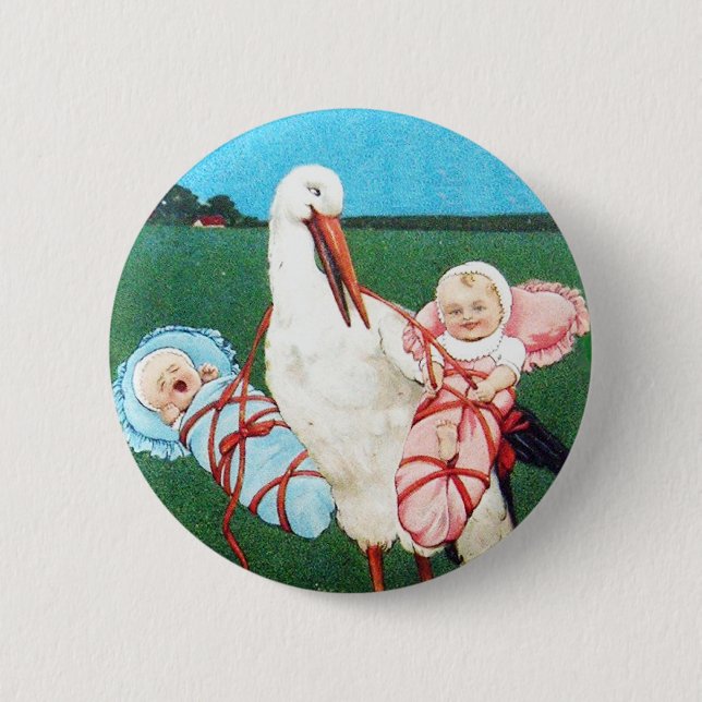STORK TWIN BABY SHOWER, Pink ,Teal Blue Pinback Button (Front)