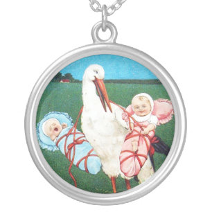 STORK TWIN BABY SHOWER, Pink ,Teal Blue Silver Plated Necklace