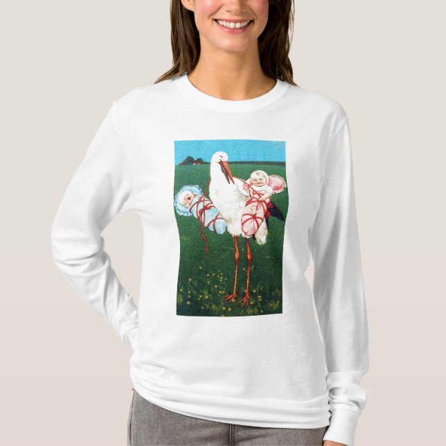 STORK TWIN BABY SHOWER, Pink ,Teal Blue T-Shirt (Front)