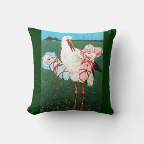 STORK TWIN BABY SHOWER Pink Teal Blue Throw Pillow