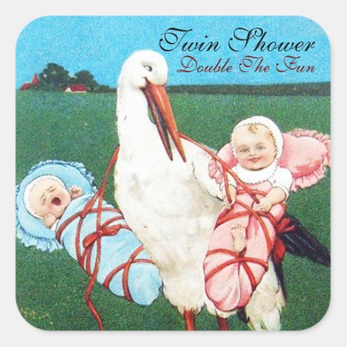 STORK TWIN BABY SHOWER SQUARE STICKER