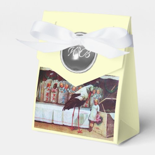 STORK TWIN BABY SHOWER WHITE GEM MONOGRAM FAVOR BOXES