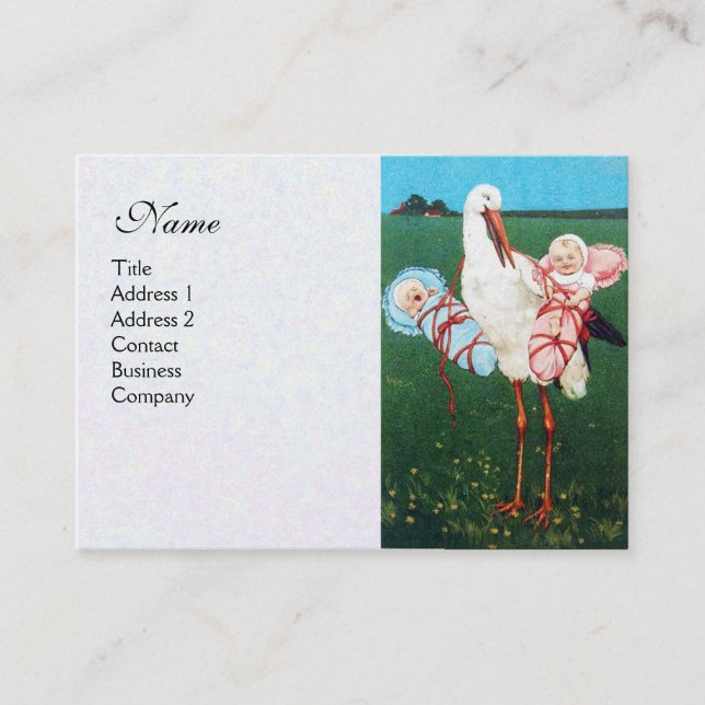 STORK TWIN BABY SHOWER , white pearl paper Business Card (Front)
