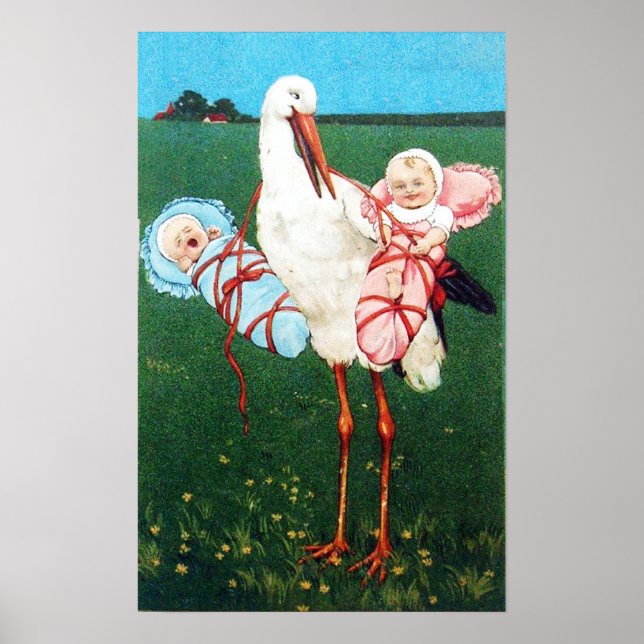 STORK TWIN BOY AND GIRL BABY SHOWER MONOGRAM, POSTER (Front)