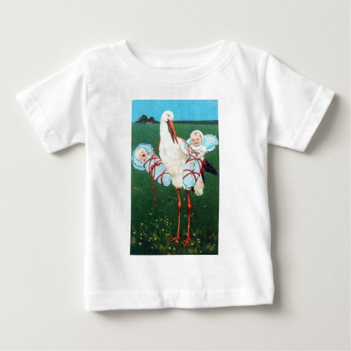 STORK TWIN BOY BABY SHOWER Blue White Baby T_Shirt