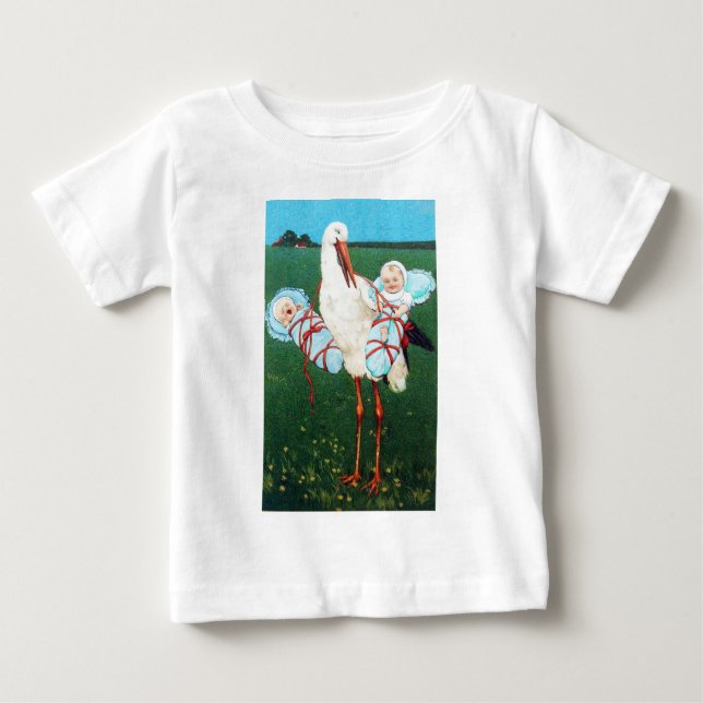 STORK TWIN BOY BABY SHOWER, Blue White Baby T-Shirt (Front)