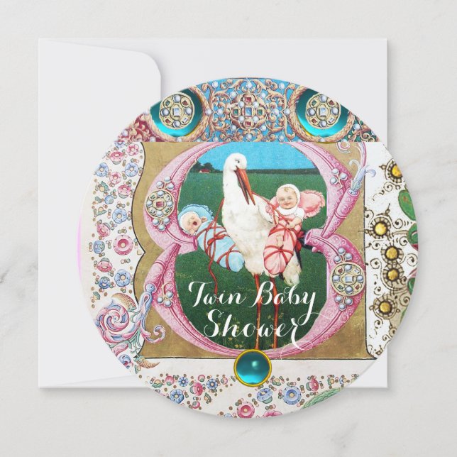 STORK TWIN BOY - GIRL BABY SHOWER,FLORAL GEMSTONES INVITATION (Front)