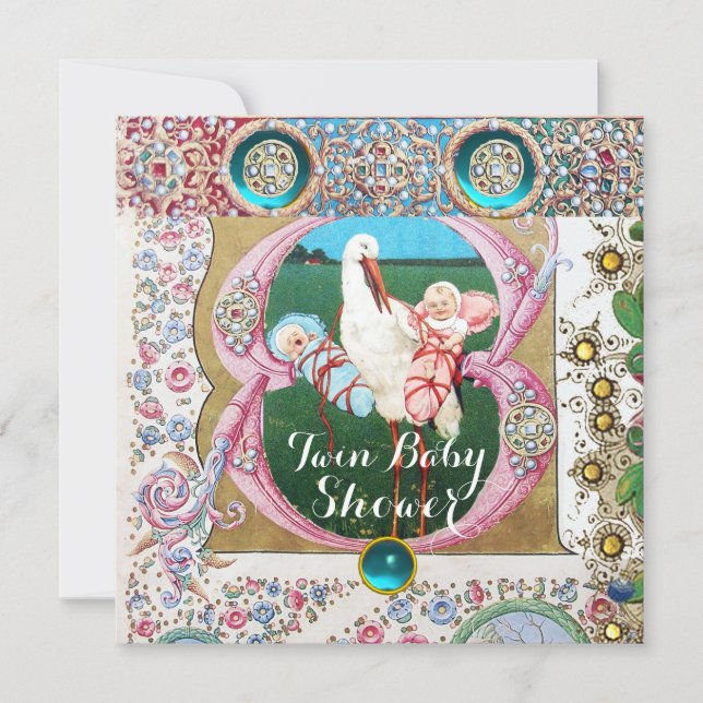 STORK TWIN BOY - GIRL BABY SHOWER,FLORAL GEMSTONES INVITATION (Front)