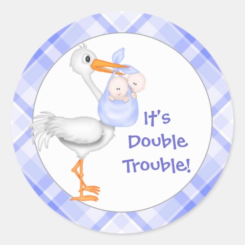 Stork  Twin Boys Baby Announcement Classic Round Sticker