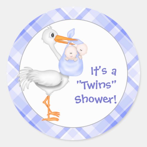 Stork  Twin Boys Baby Shower Classic Round Sticker