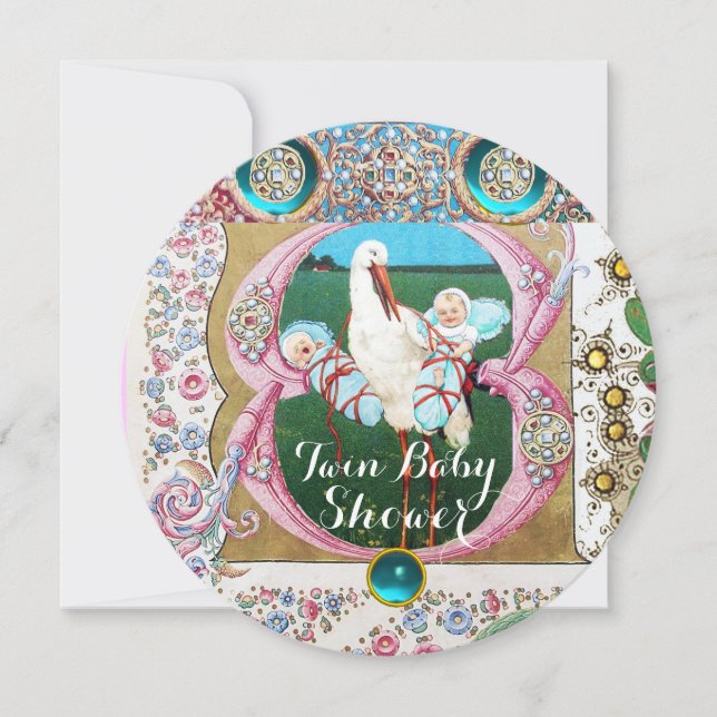 STORK TWIN BOYS BABY SHOWER,FLORAL GEMSTONES INVITATION (Front)