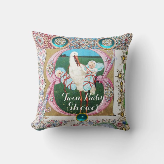 STORK TWIN BOYS BABY SHOWER,FLORAL GEMSTONES THROW PILLOW (Front)