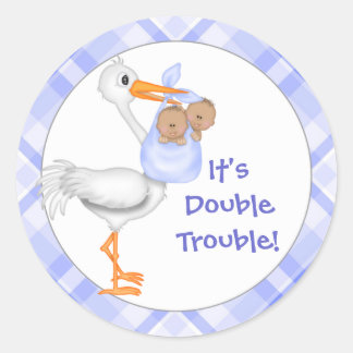 Stork & Twin Boys (dark skin) Baby Announcement Classic Round Sticker