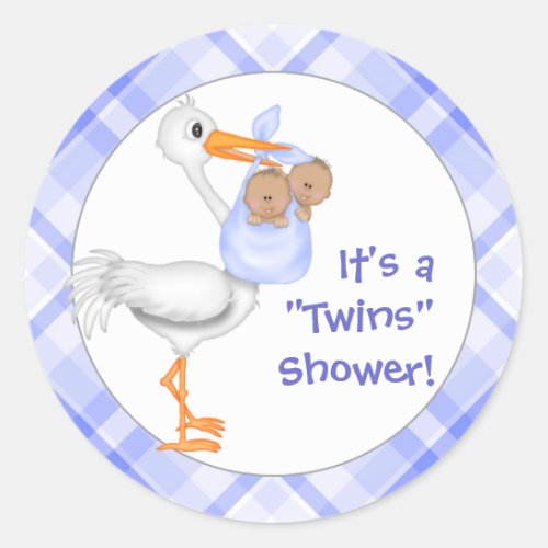Stork  Twin Boys dark skin Baby Shower Classic Round Sticker