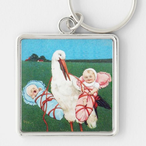 STORK TWIN GIRL AND BOY BABY SHOWERPink Teal Blue Keychain