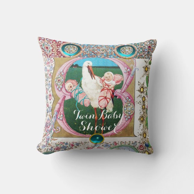 STORK TWIN GIRL BABY SHOWER,FLORAL GEMSTONES THROW PILLOW (Front)