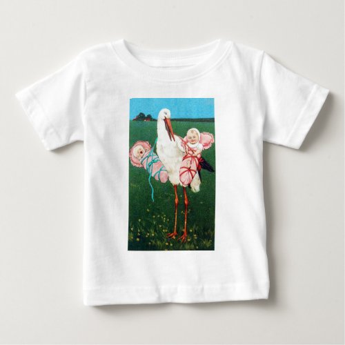 STORK TWIN GIRL BABY SHOWER Pink White Baby T_Shirt