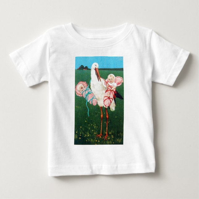 STORK TWIN GIRL BABY SHOWER, Pink White Baby T-Shirt (Front)