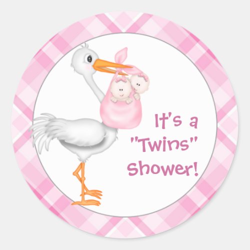 Stork  Twin Girls Baby Shower Classic Round Sticker