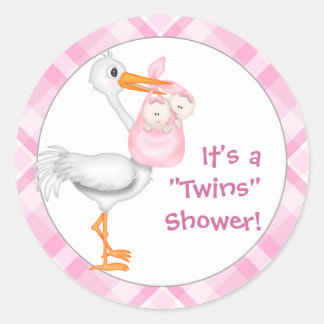 Stork & Twin Girls Baby Shower Classic Round Sticker