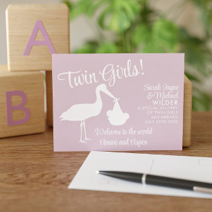Stork Twin Girls Pink Birth Announcement Postcard