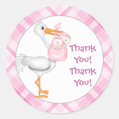 Stork  Twin Girls Thank You Classic Round Sticker