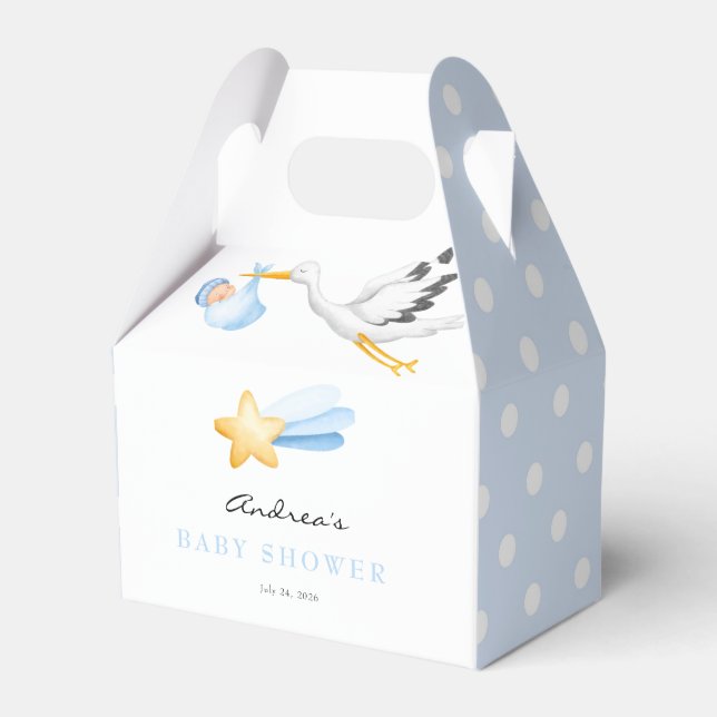 Stork | Watercolor Baby Boy Shower Favor Boxes (Front Side)