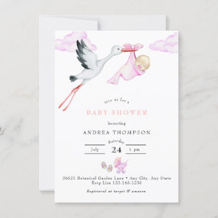 Stork   Watercolor Baby Girl Shower Invitation