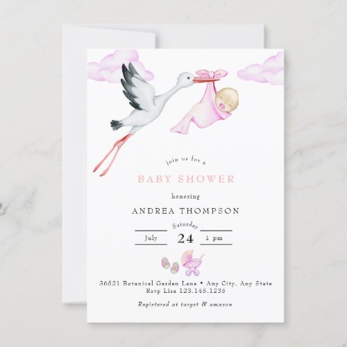 Stork  Watercolor Baby Girl Shower Invitation