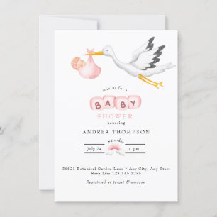 Stork Watercolor Baby Girl Shower Invitation
