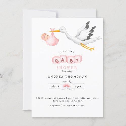 Stork  Watercolor Baby Girl Shower Invitation