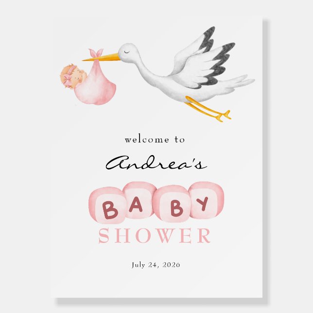 Stork | Watercolor Baby Girl Shower | Welcome Sign (Front)