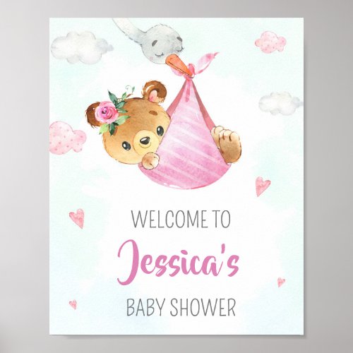 Stork welcome party sign Girl bear party poster
