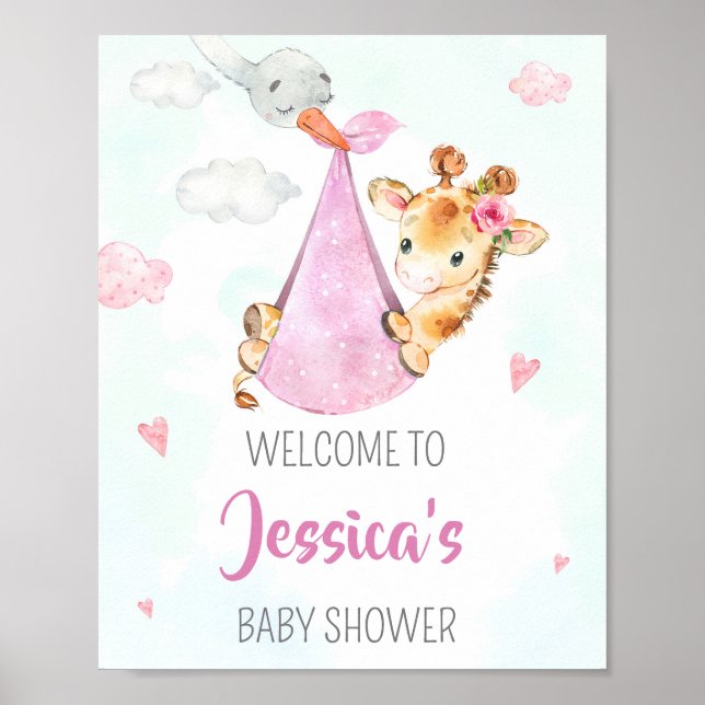 Stork welcome party sign Girl giraffe party poster (Front)