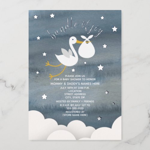 Stork White Bundle Of Joy Stars Baby Shower Foil Invitation