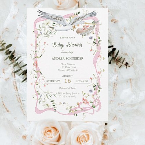 Stork Wildflower Ribbon and Bow Baby Shower  Invitation