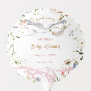 Stork Wildflower Ribbon Baby Shower Balloon