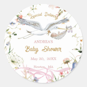 Stork Wildflower Ribbon Baby Shower Classic Round Sticker
