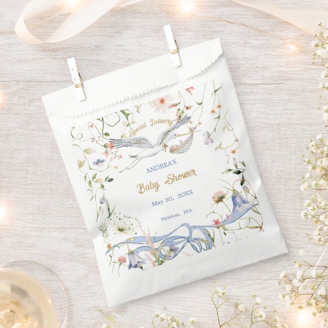 Stork Wildflower Ribbon Baby Shower Favor Bag (Clipped)