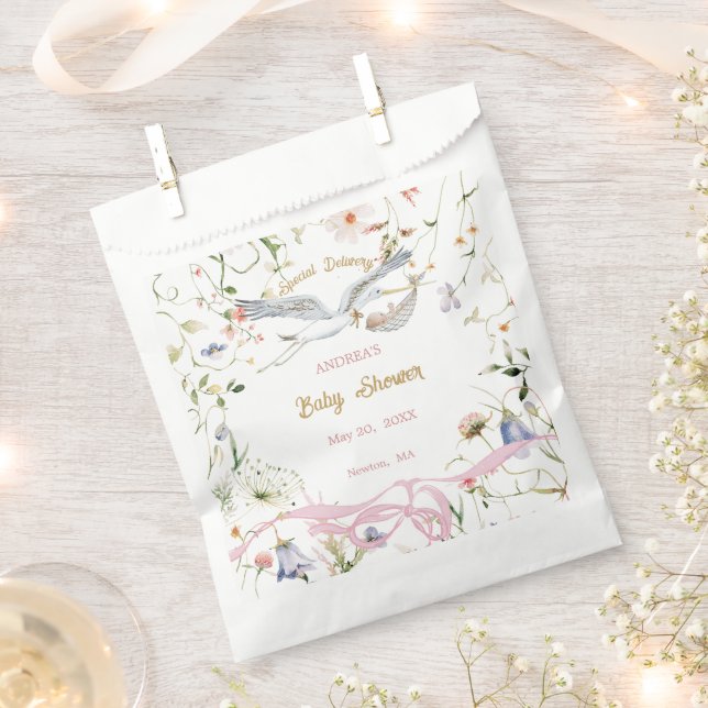 Stork Wildflower Ribbon Baby Shower Favor Bag (Clipped)