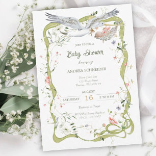 Stork Wildflower Ribbon Baby Shower Invitation