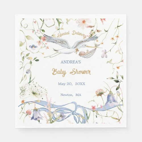 Stork Wildflower Ribbon Baby Shower Paper Napkin